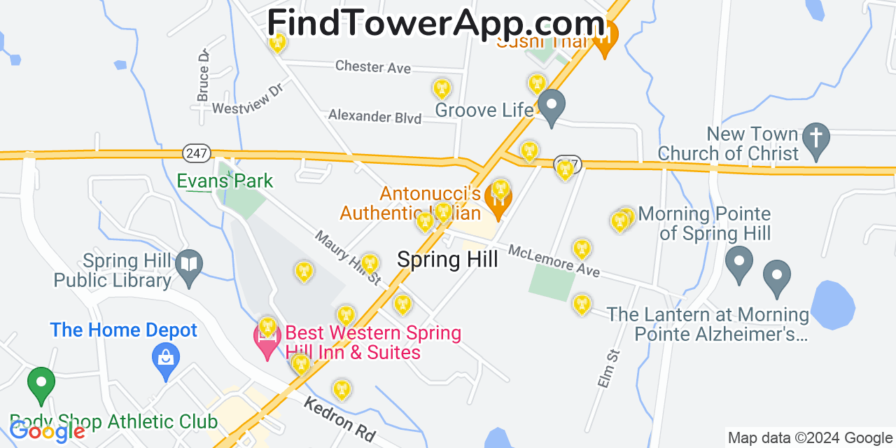 AT&T 4G/5G cell tower coverage map Spring Hill, Tennessee
