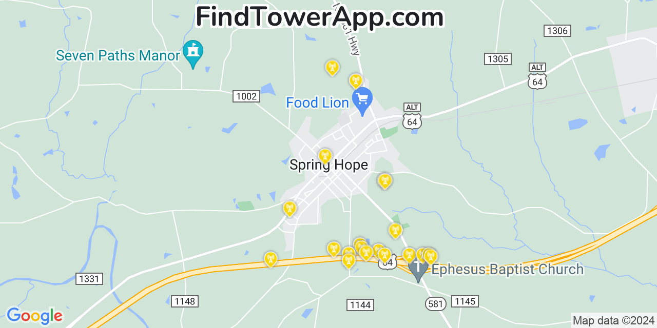 AT&T 4G/5G cell tower coverage map Spring Hope, North Carolina