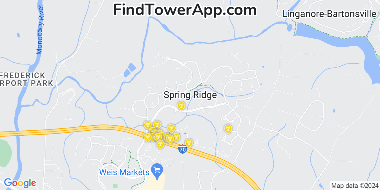 Verizon 4G/5G cell tower coverage map Spring Ridge, Maryland