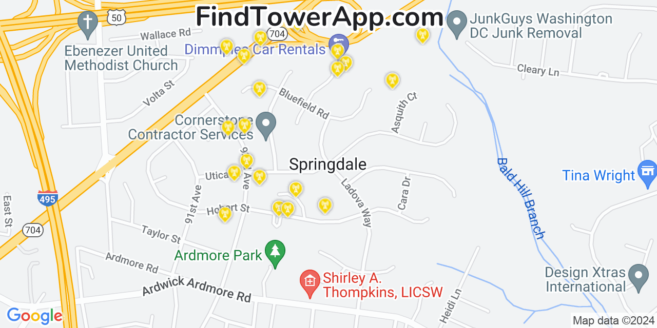 AT&T 4G/5G cell tower coverage map Springdale, Maryland