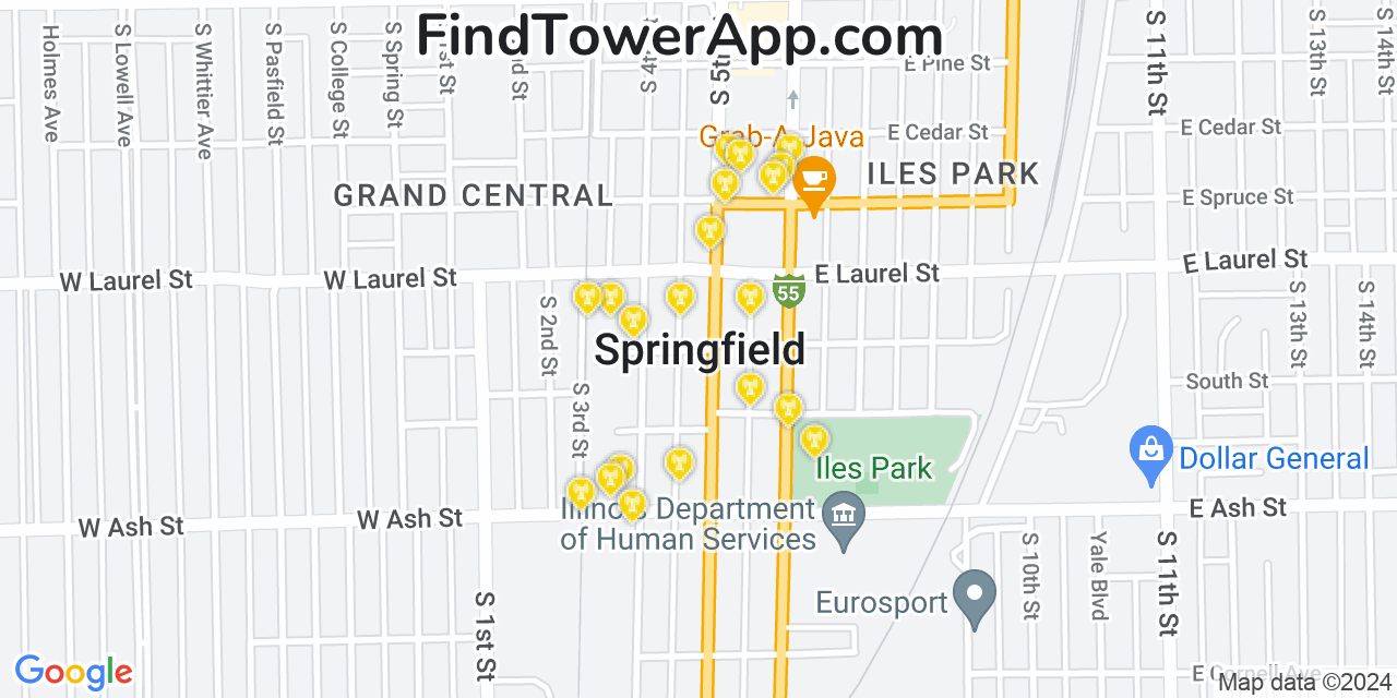 AT&T 4G/5G cell tower coverage map Springfield, Illinois