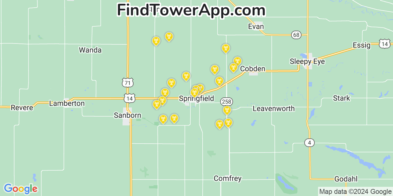 Verizon 4G/5G cell tower coverage map Springfield, Minnesota
