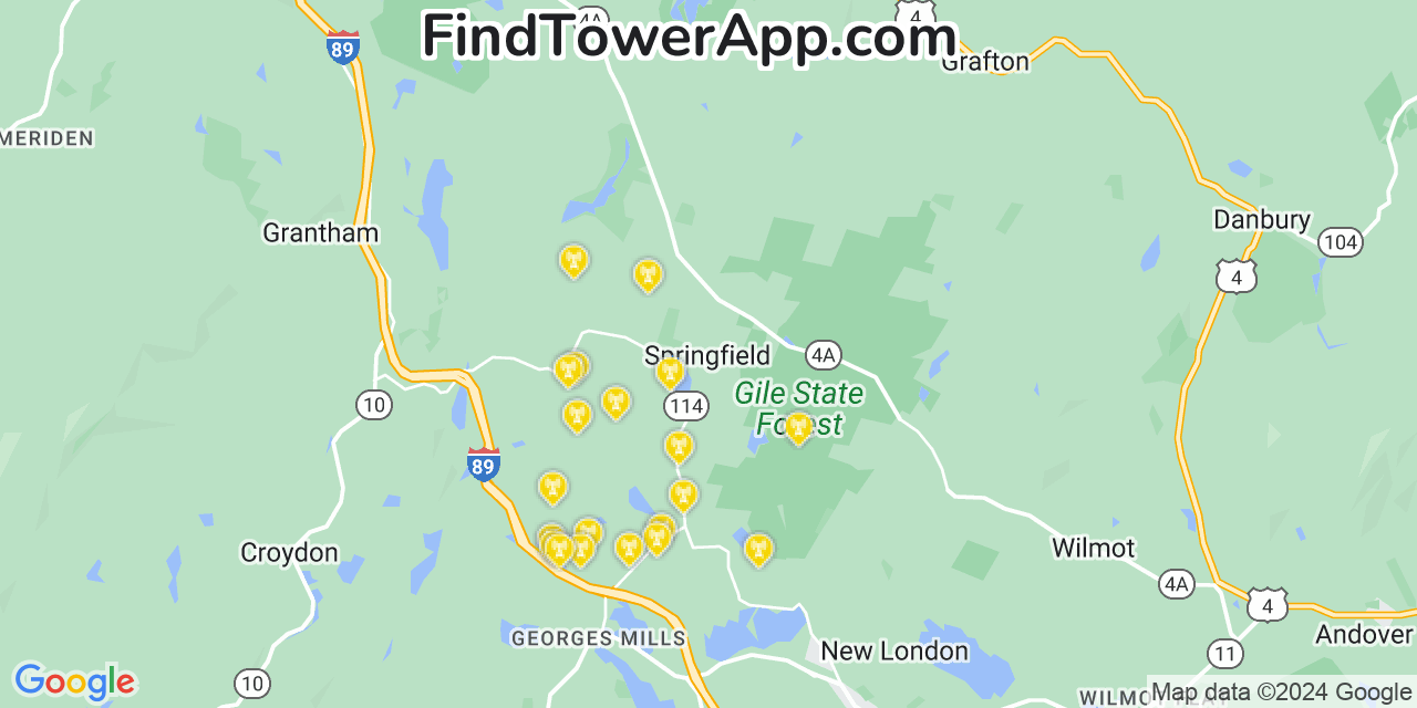 AT&T 4G/5G cell tower coverage map Springfield, New Hampshire