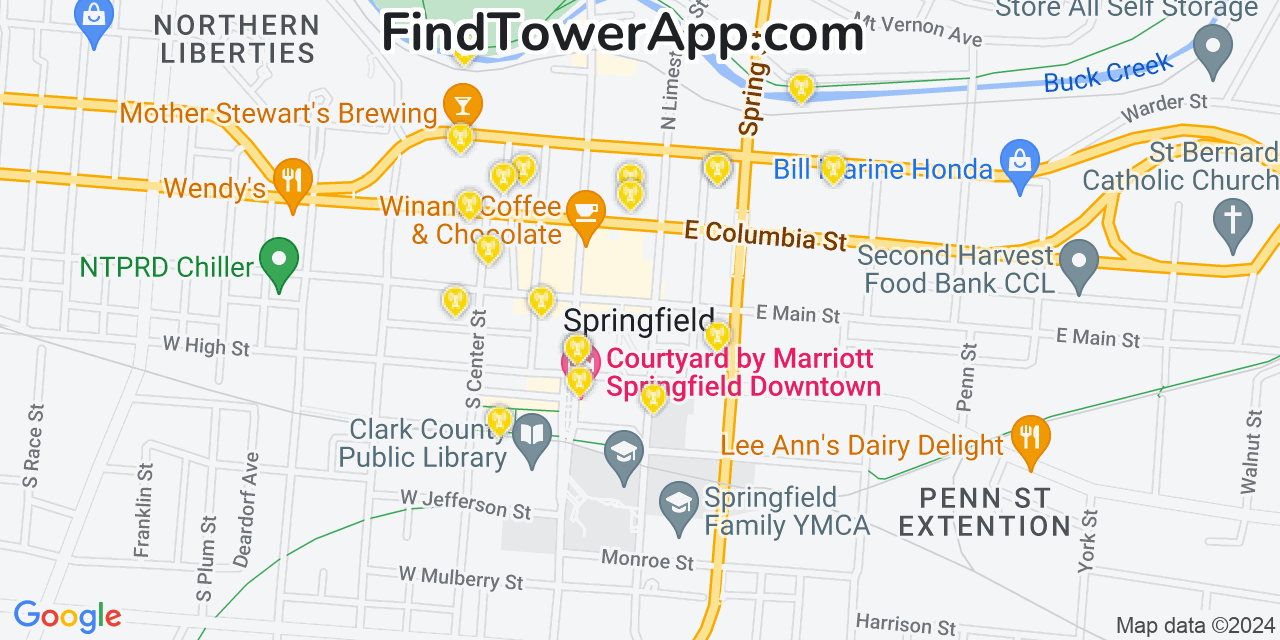 Verizon 4G/5G cell tower coverage map Springfield, Ohio