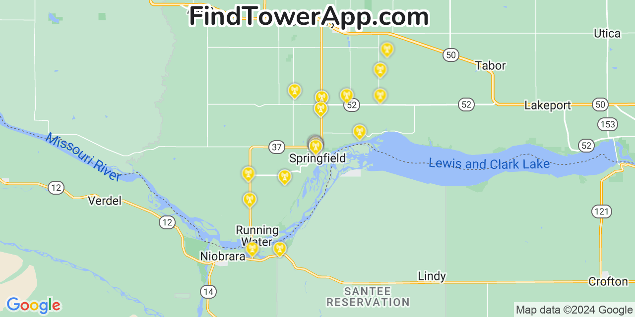 AT&T 4G/5G cell tower coverage map Springfield, South Dakota