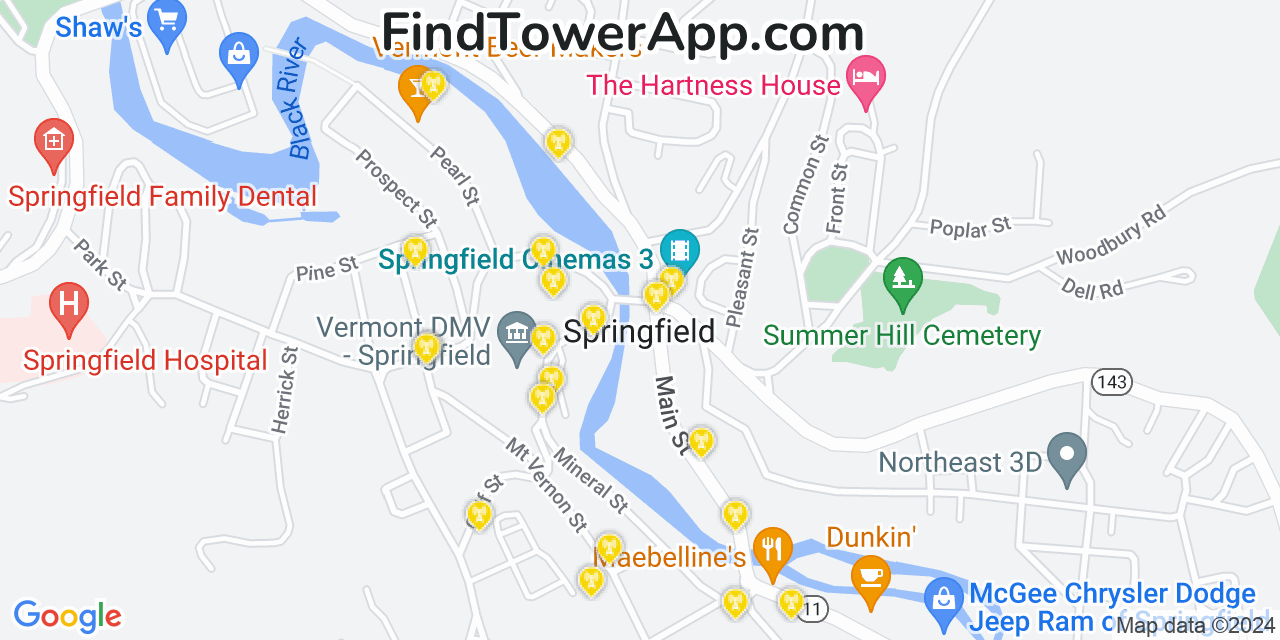AT&T 4G/5G cell tower coverage map Springfield, Vermont