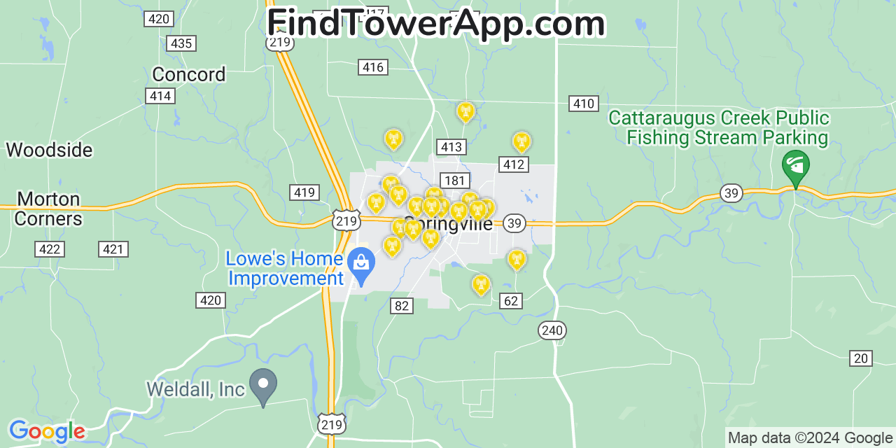 AT&T 4G/5G cell tower coverage map Springville, New York