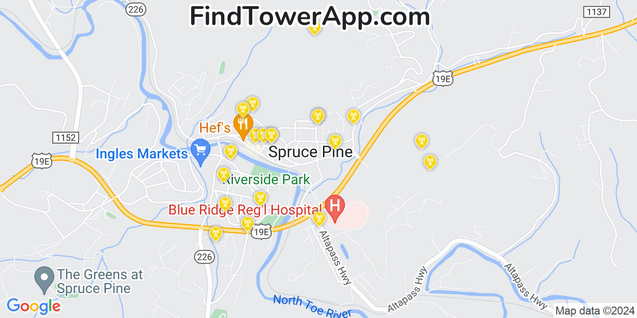 AT&T 4G/5G cell tower coverage map Spruce Pine, North Carolina
