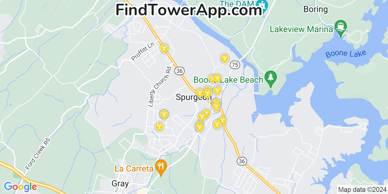 AT&T 4G/5G cell tower coverage map Spurgeon, Tennessee