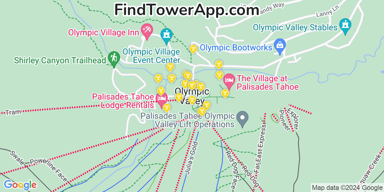 AT&T 4G/5G cell tower coverage map Squaw Valley, California