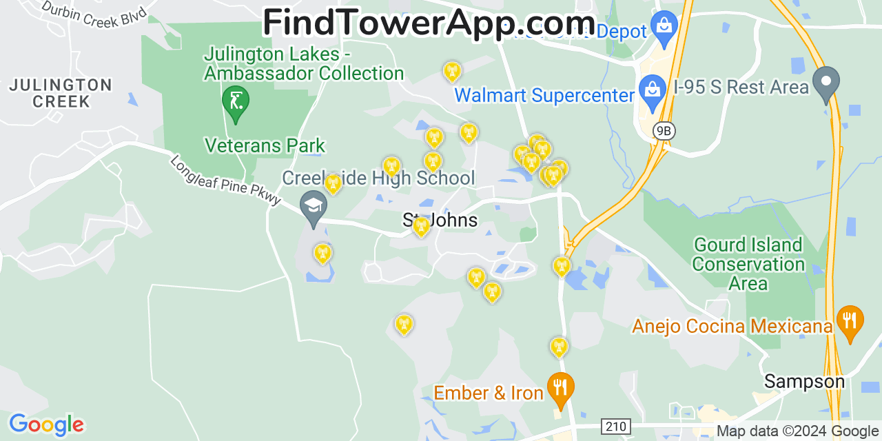 AT&T 4G/5G cell tower coverage map St. Johns, Florida
