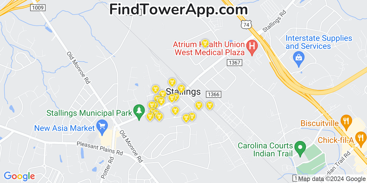 AT&T 4G/5G cell tower coverage map Stallings, North Carolina