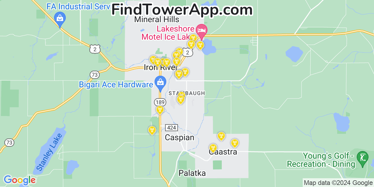 AT&T 4G/5G cell tower coverage map Stambaugh, Iron River, Michigan