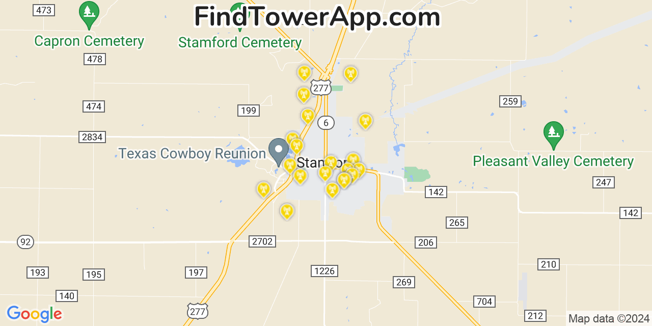 AT&T 4G/5G cell tower coverage map Stamford, Texas