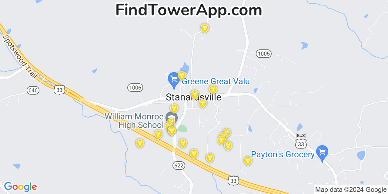 AT&T 4G/5G cell tower coverage map Stanardsville, Virginia
