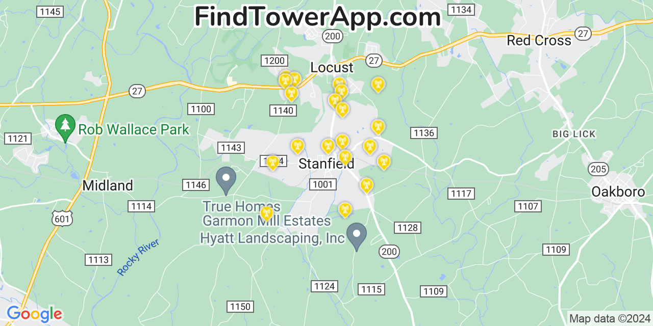 AT&T 4G/5G cell tower coverage map Stanfield, North Carolina