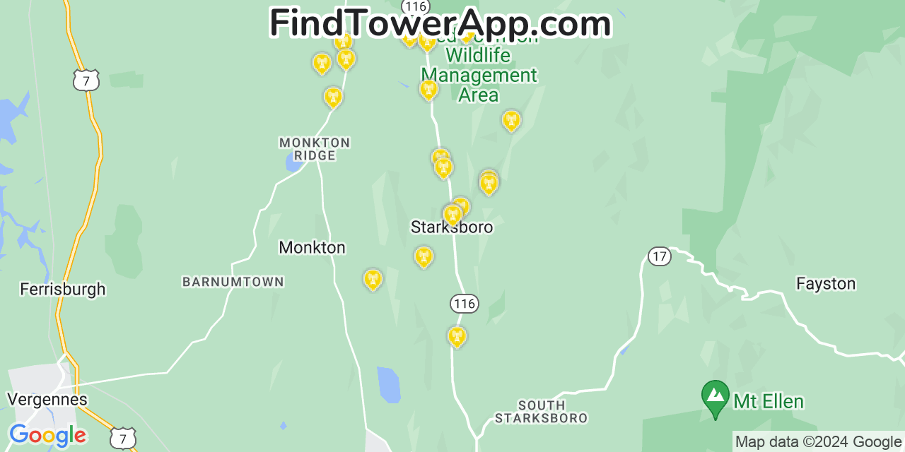 AT&T 4G/5G cell tower coverage map Starksboro, Vermont