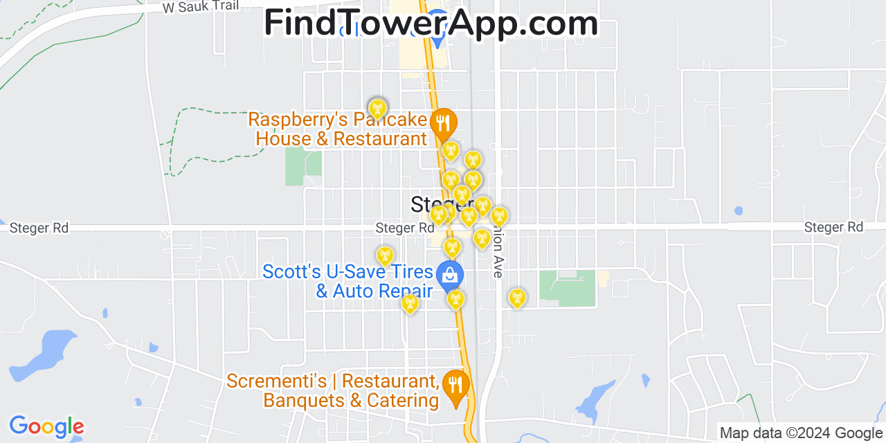 AT&T 4G/5G cell tower coverage map Steger, Illinois