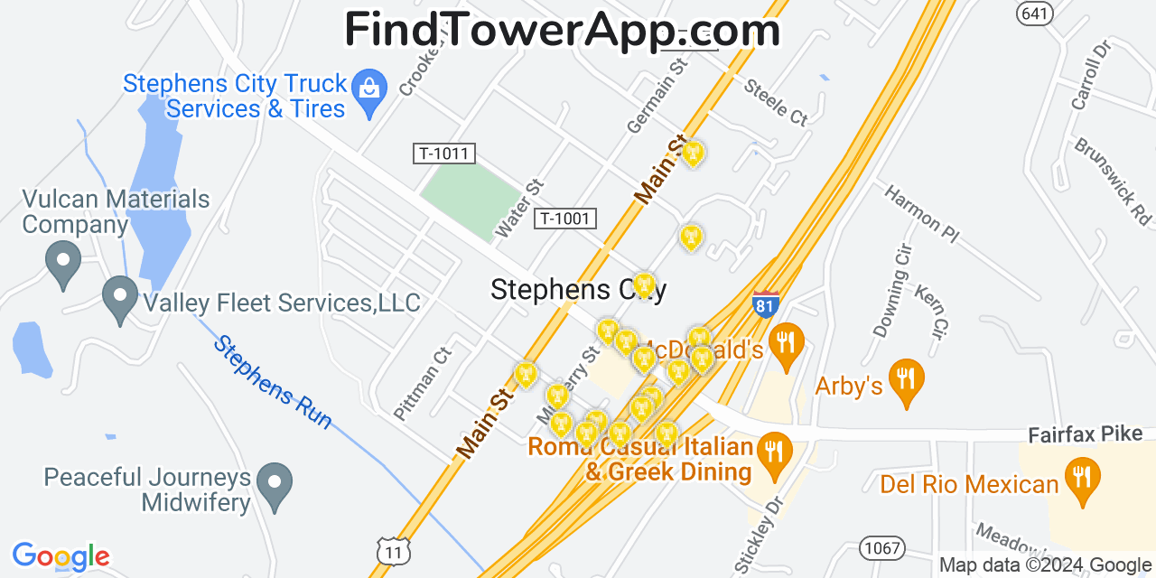AT&T 4G/5G cell tower coverage map Stephens City, Virginia