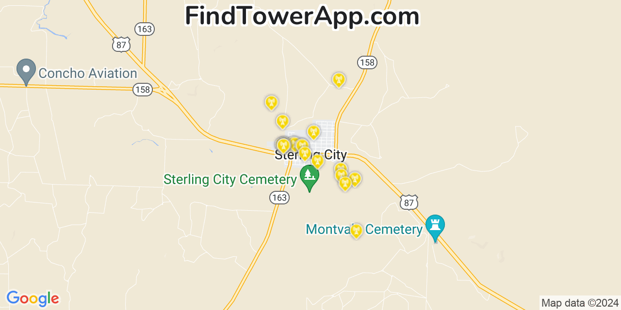 AT&T 4G/5G cell tower coverage map Sterling City, Texas