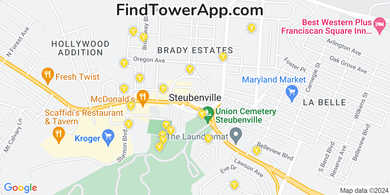 AT&T 4G/5G cell tower coverage map Steubenville, Ohio