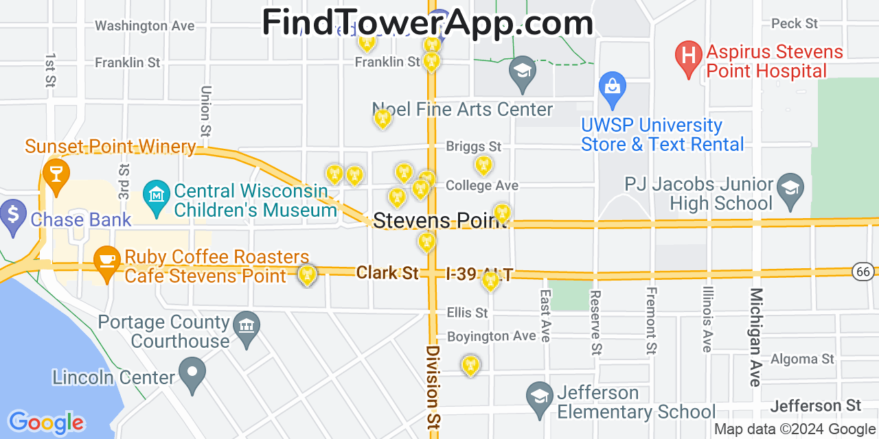AT&T 4G/5G cell tower coverage map Stevens Point, Wisconsin