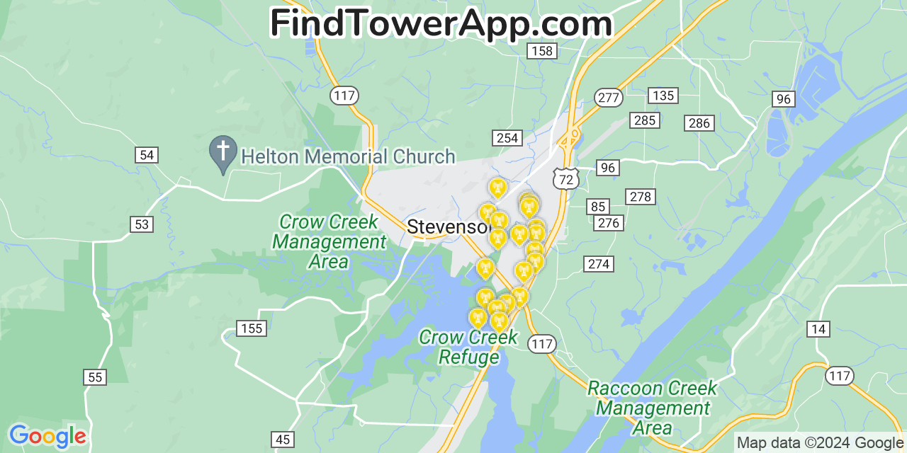 Verizon 4G/5G cell tower coverage map Stevenson, Alabama