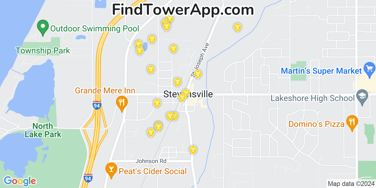 AT&T 4G/5G cell tower coverage map Stevensville, Michigan