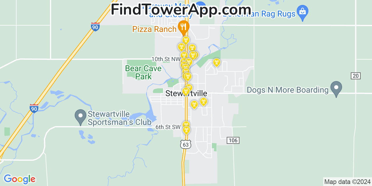 AT&T 4G/5G cell tower coverage map Stewartville, Minnesota