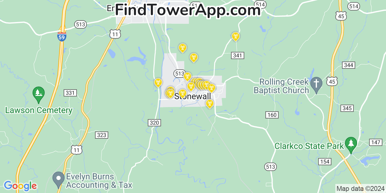 AT&T 4G/5G cell tower coverage map Stonewall, Mississippi