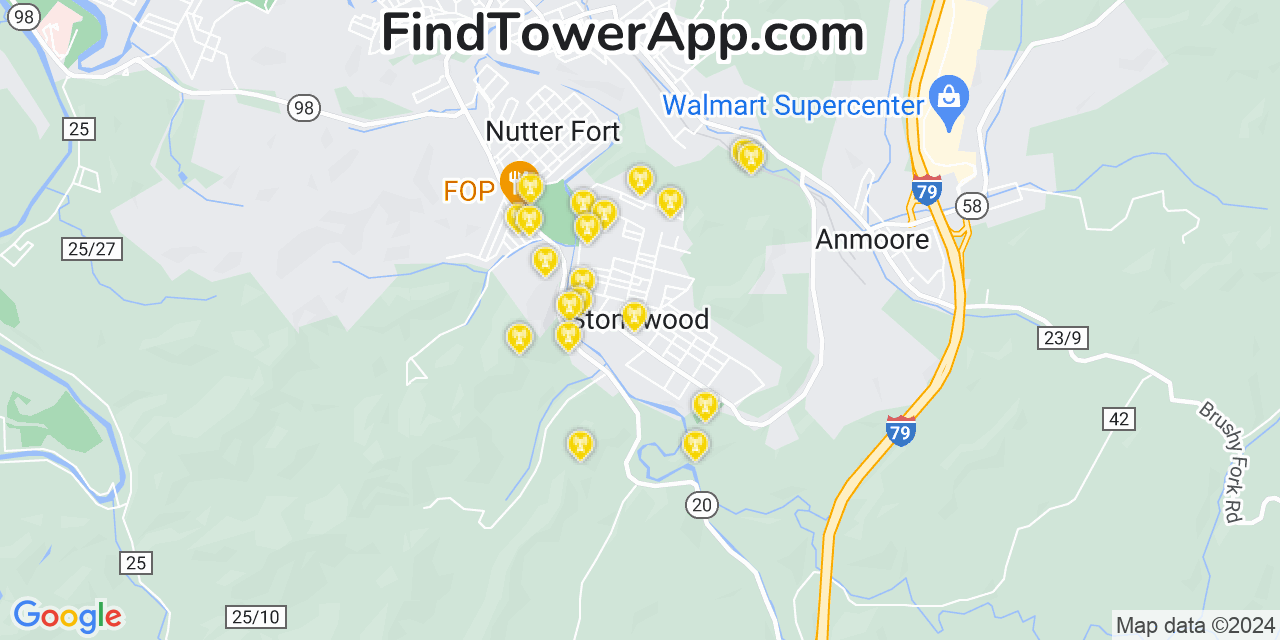 AT&T 4G/5G cell tower coverage map Stonewood, West Virginia