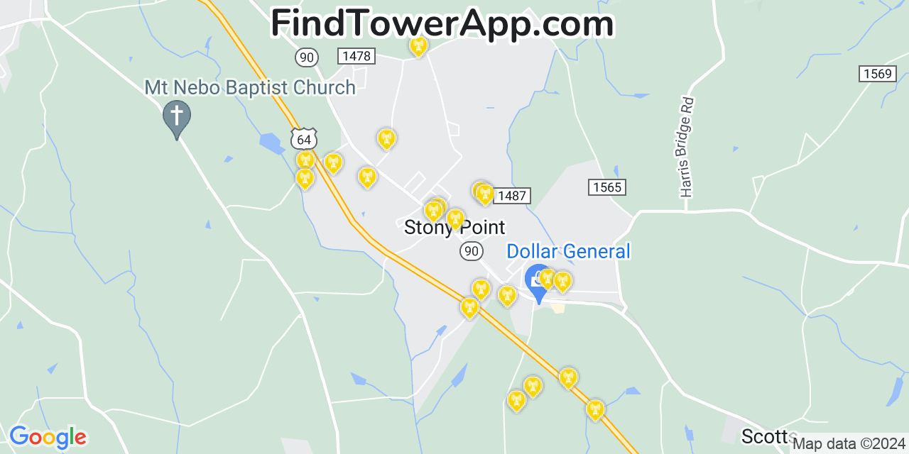 AT&T 4G/5G cell tower coverage map Stony Point, North Carolina