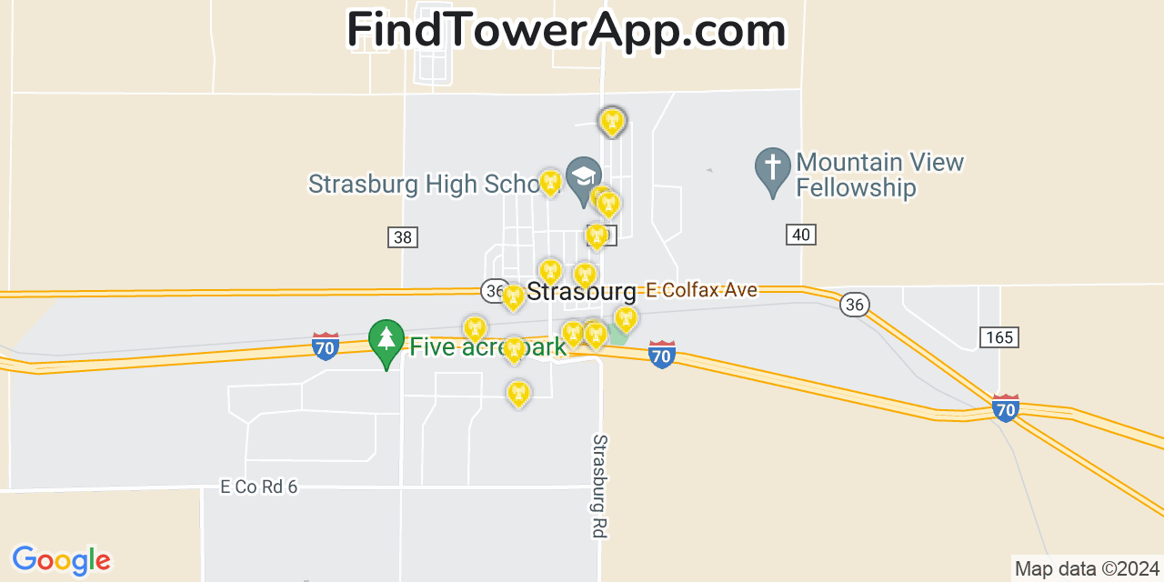 AT&T 4G/5G cell tower coverage map Strasburg, Colorado