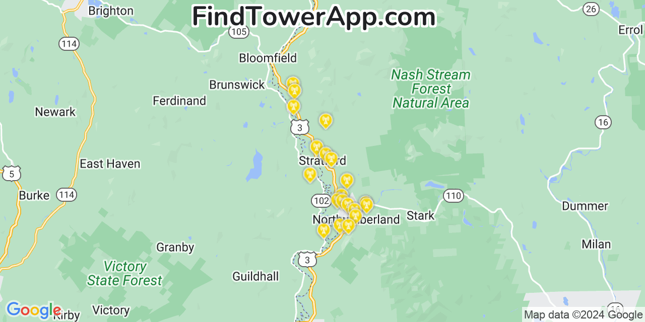 AT&T 4G/5G cell tower coverage map Stratford, New Hampshire