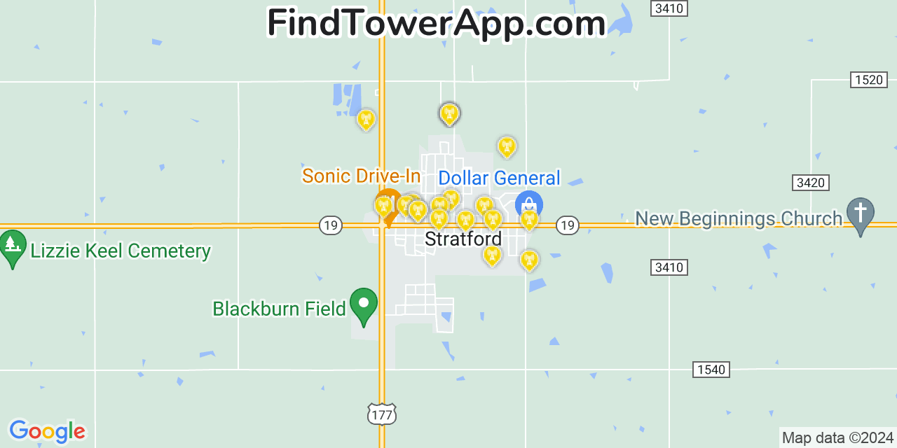 AT&T 4G/5G cell tower coverage map Stratford, Oklahoma