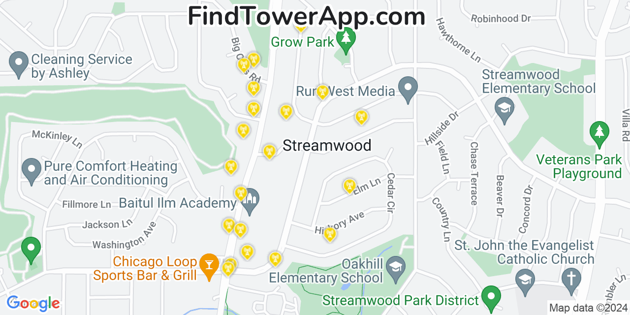 AT&T 4G/5G cell tower coverage map Streamwood, Illinois