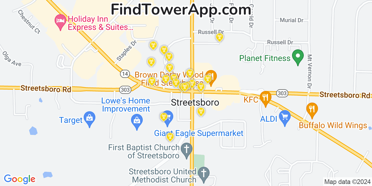 AT&T 4G/5G cell tower coverage map Streetsboro, Ohio