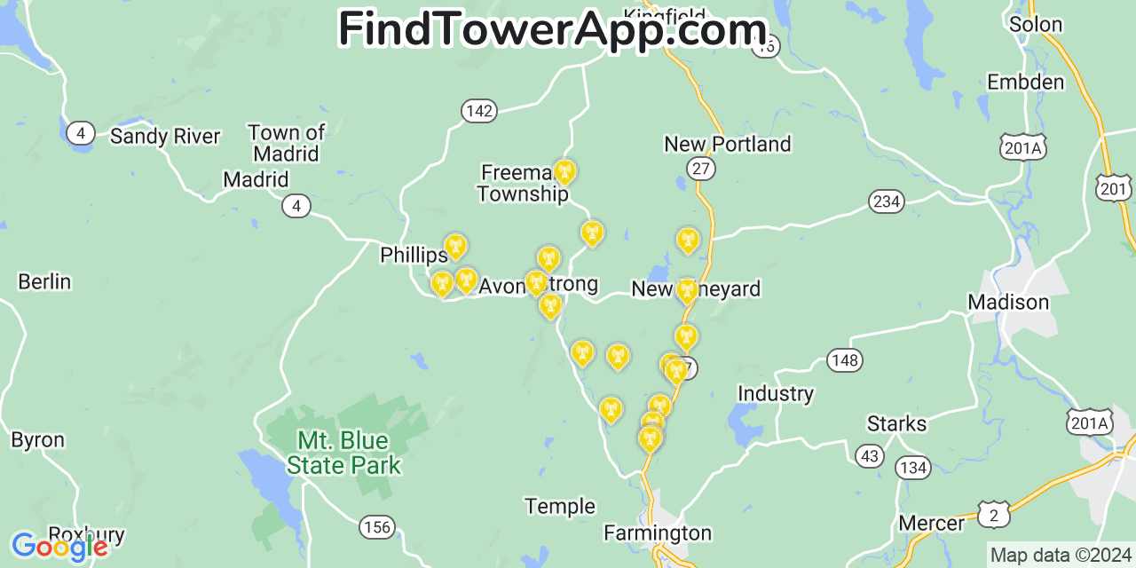 AT&T 4G/5G cell tower coverage map Strong, Maine