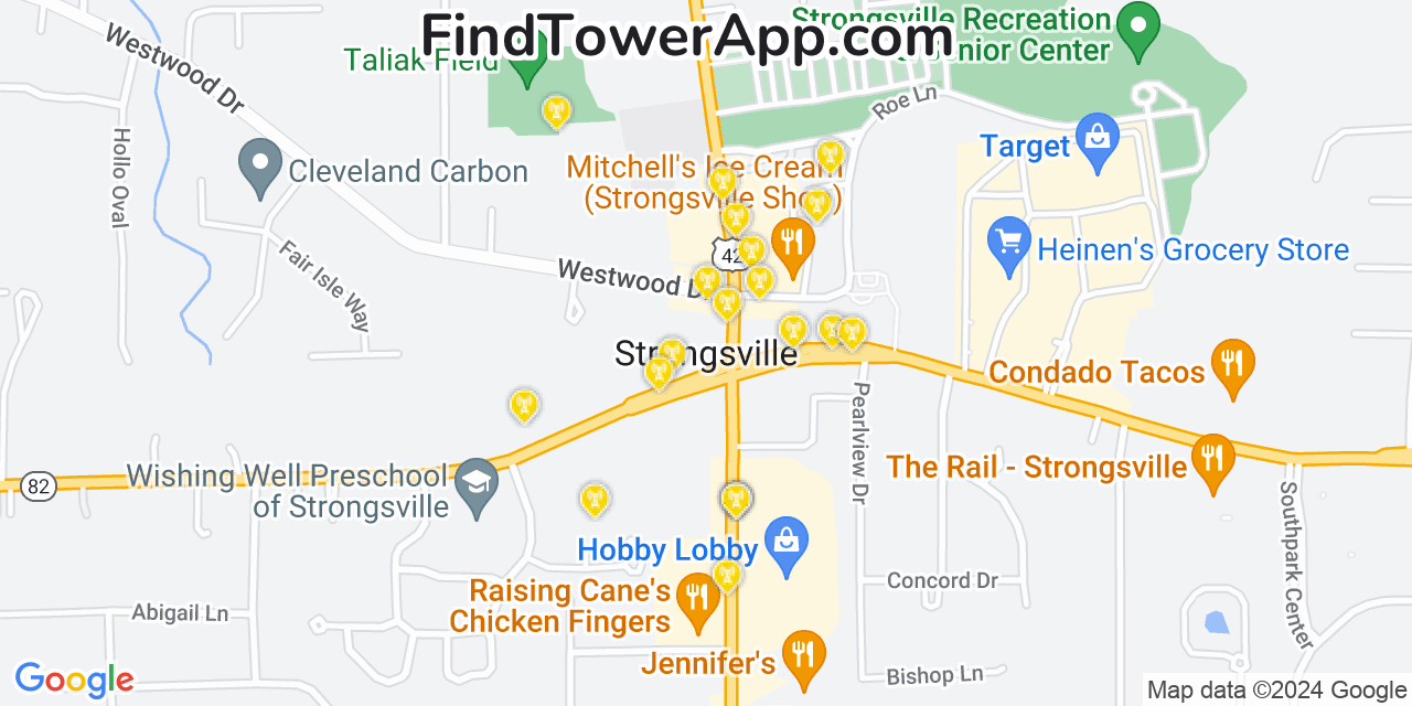 Verizon 4G/5G cell tower coverage map Strongsville, Ohio