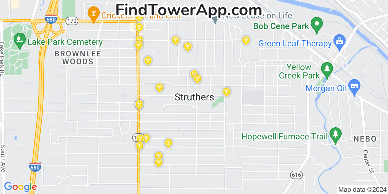 AT&T 4G/5G cell tower coverage map Struthers, Ohio