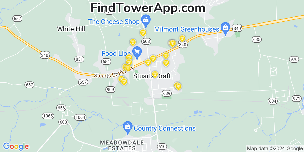 AT&T 4G/5G cell tower coverage map Stuarts Draft, Virginia
