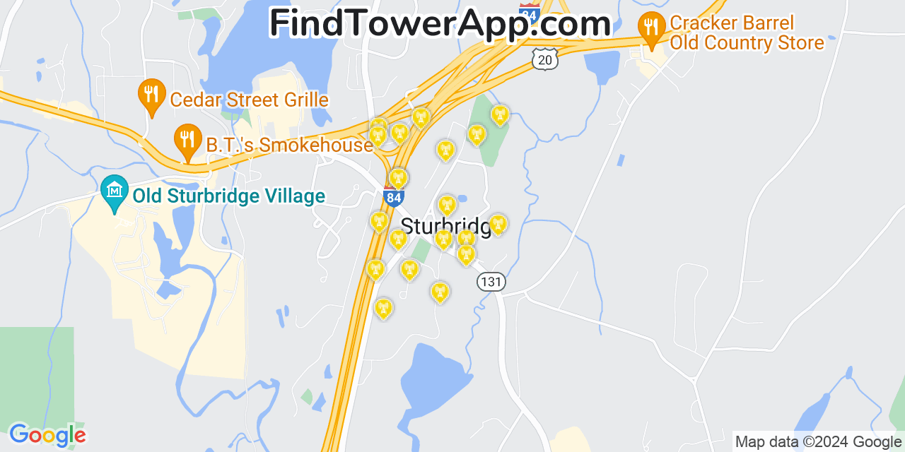 Verizon 4G/5G cell tower coverage map Sturbridge, Massachusetts