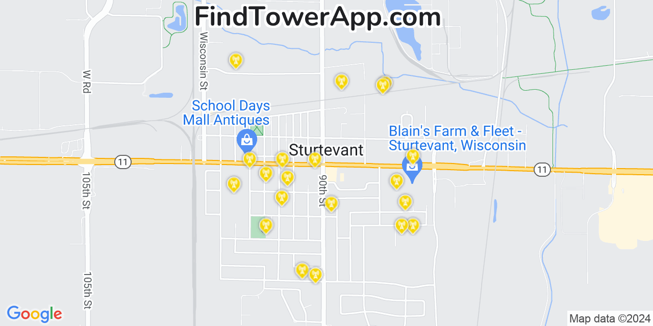 AT&T 4G/5G cell tower coverage map Sturtevant, Wisconsin