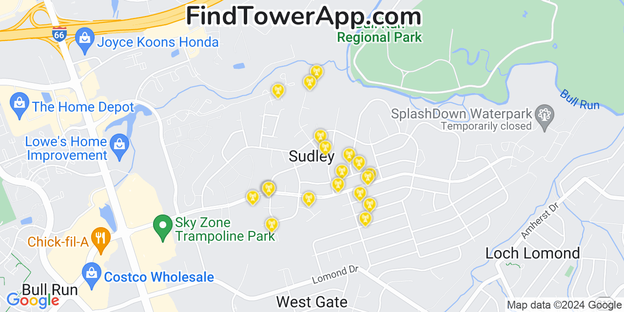 AT&T 4G/5G cell tower coverage map Sudley, Virginia