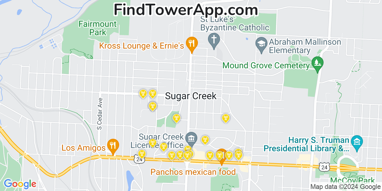 AT&T 4G/5G cell tower coverage map Sugar Creek, Missouri