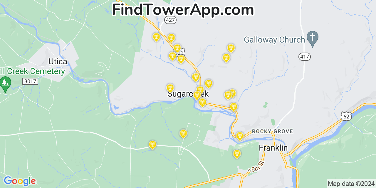 AT&T 4G/5G cell tower coverage map Sugarcreek, Pennsylvania