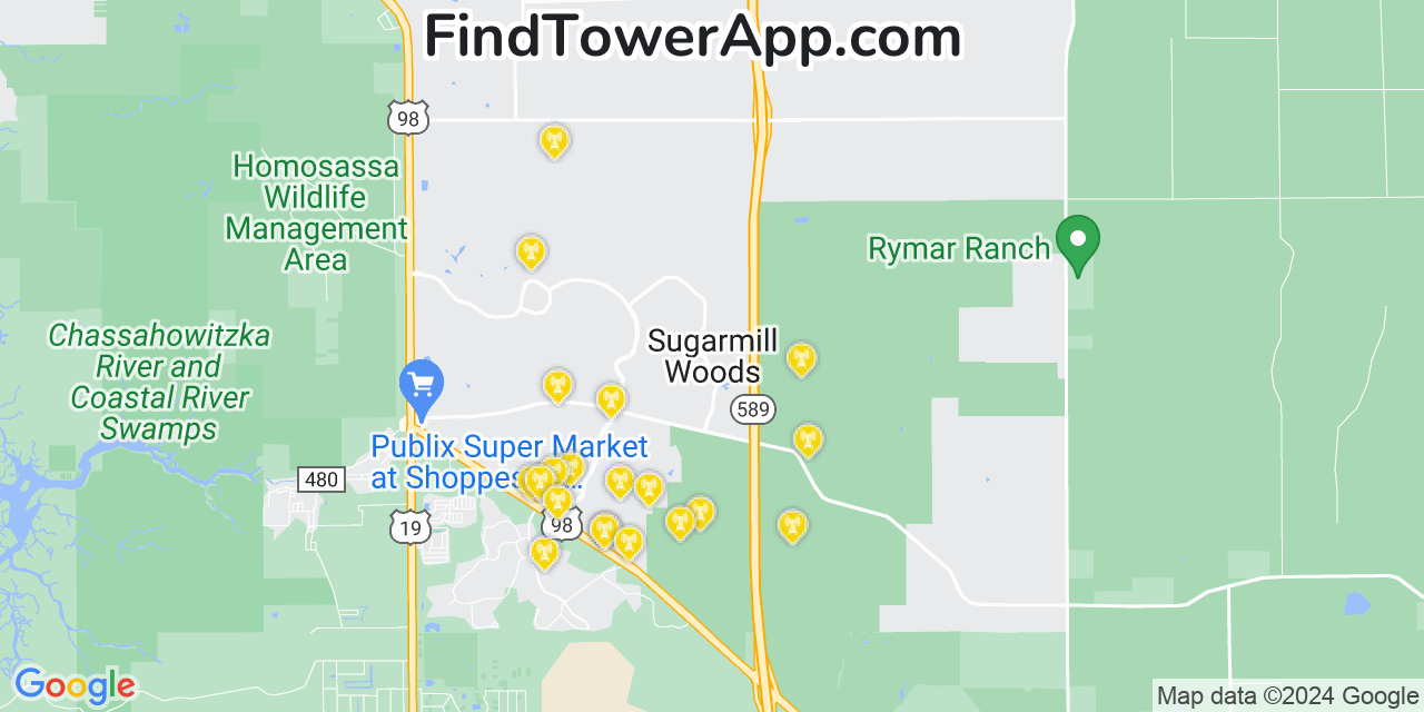 AT&T 4G/5G cell tower coverage map Sugarmill Woods, Florida
