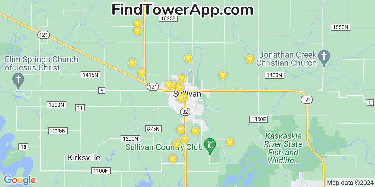 AT&T 4G/5G cell tower coverage map Sullivan, Illinois