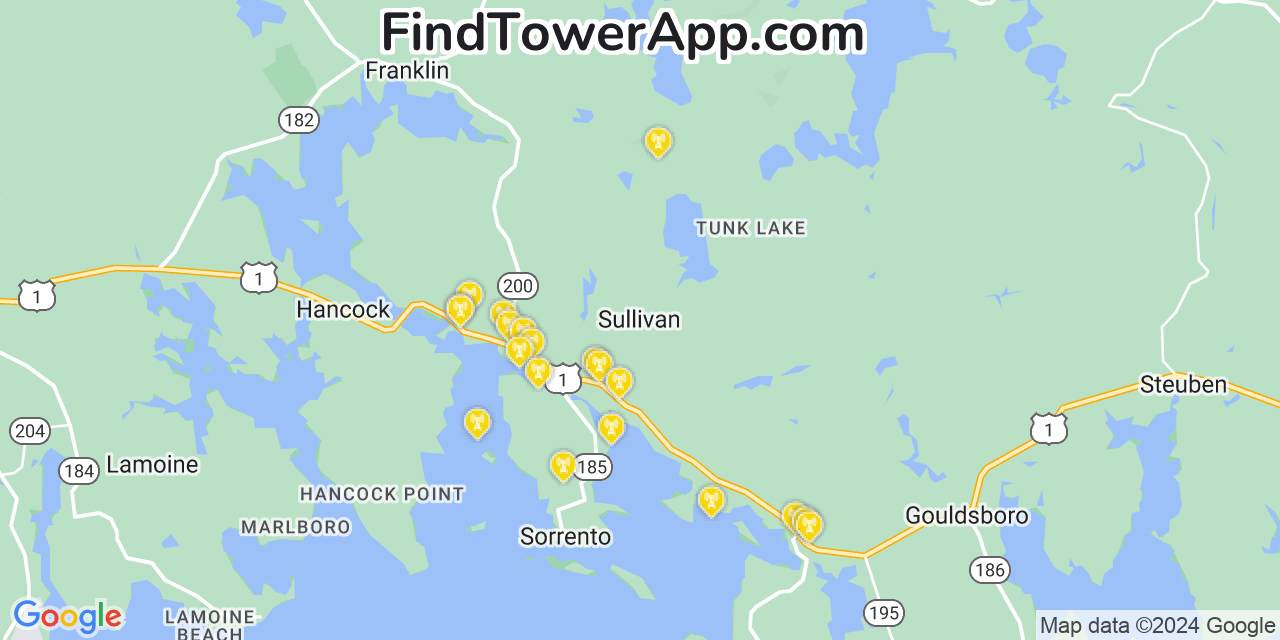 AT&T 4G/5G cell tower coverage map Sullivan, Maine