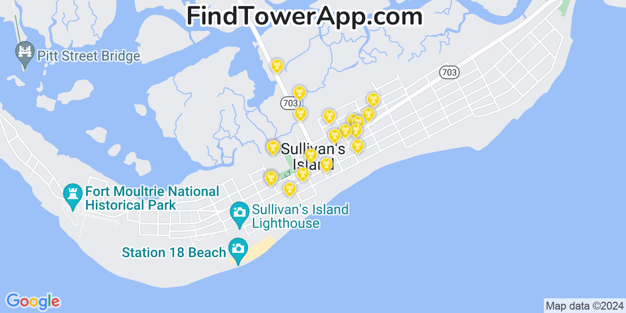 AT&T 4G/5G cell tower coverage map Sullivans Island, South Carolina